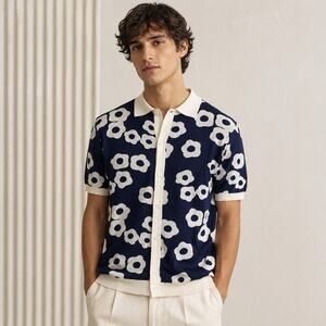 OXKNIT Men 2XL Navy Cream Daisy Floral Knit Polo Cardigan Shirt 70s Retro NWT